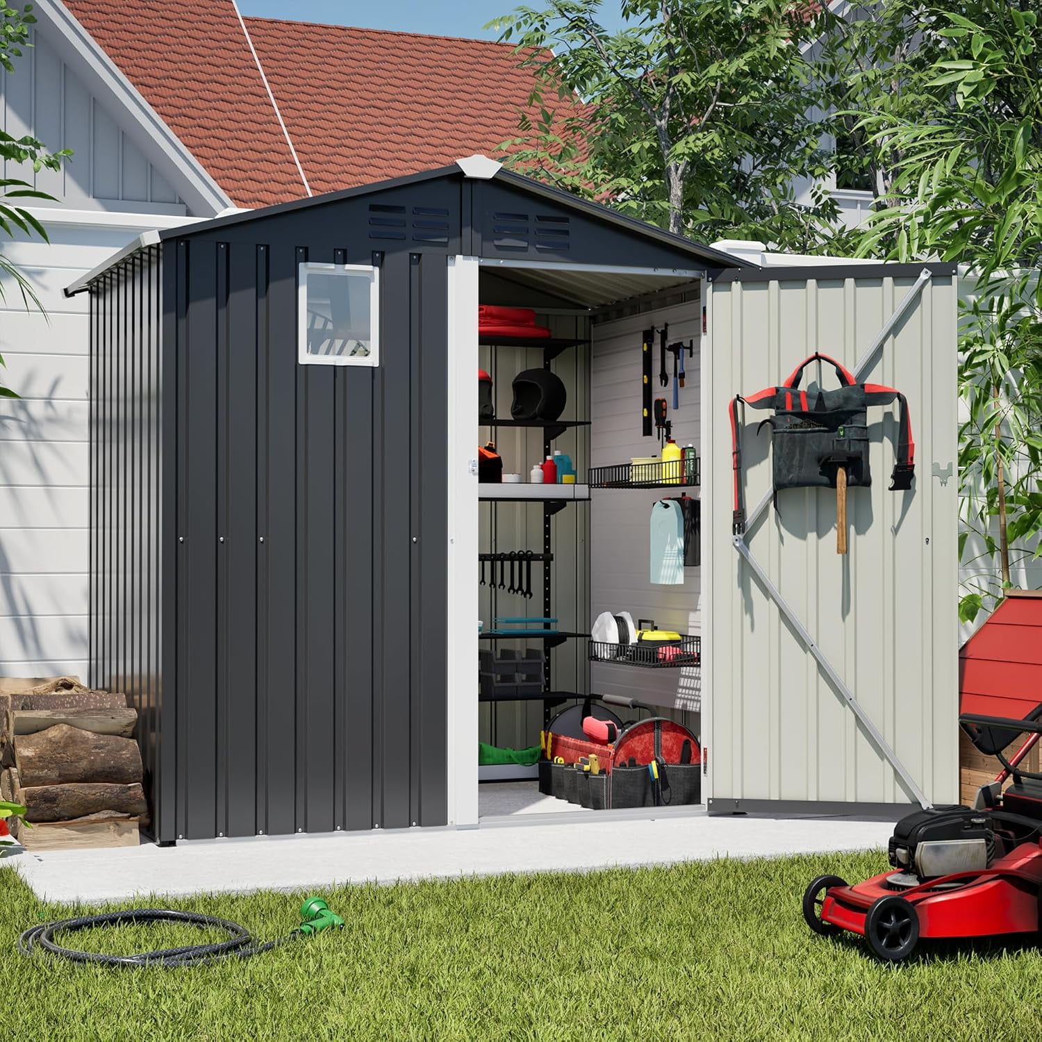4×6 Ft Metal Outdoor Storage Shed,Waterproof with Lockable Door for Backyard, Patio, Garden, Dark Grey