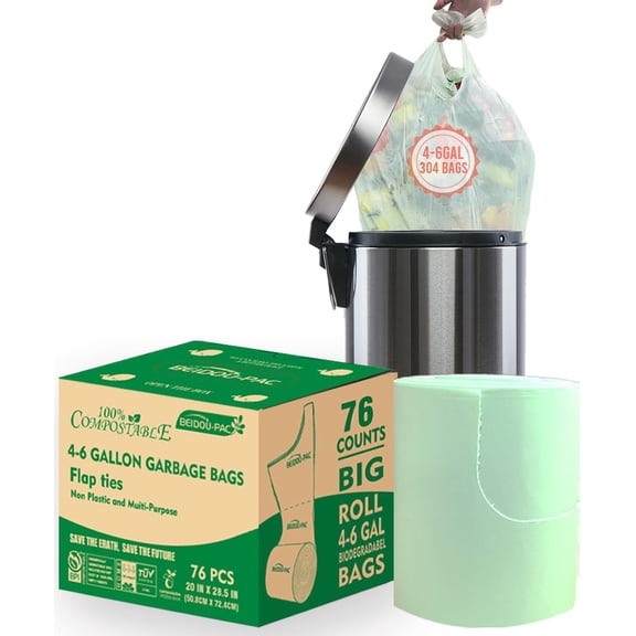 4-6 Gallon Flap Tie Compostable Trash Bags, 76 Count, Kitchen Compost Bags, Sturdy Biodegradable Garbage for Food Scrap Waste, ASTM D6400, US BPI Certified