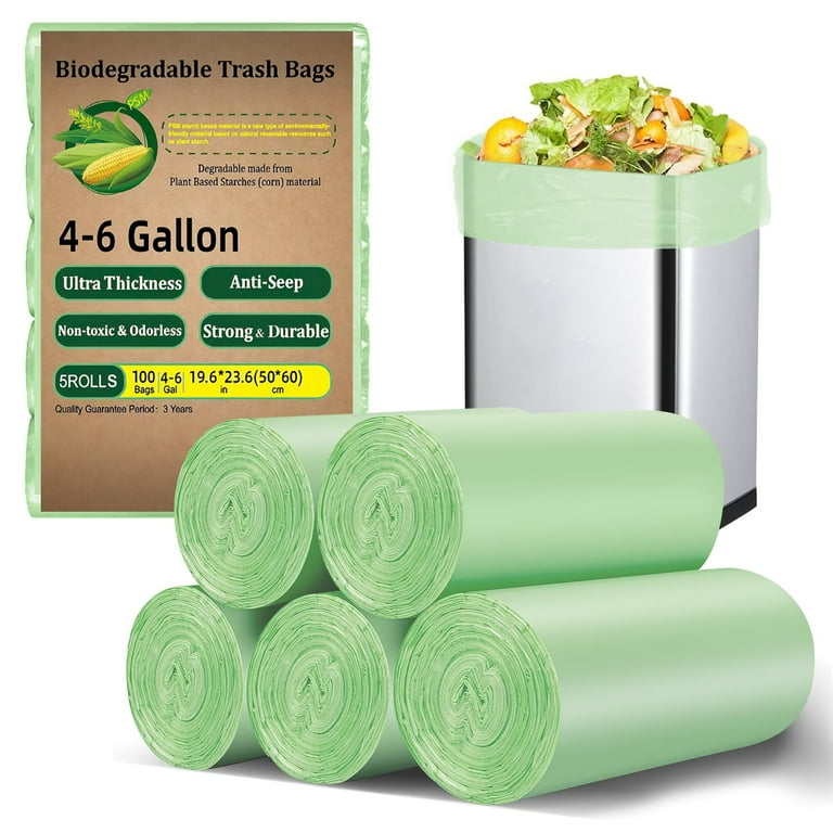 100 Count Biodegradable Trash Bags 4-6 Gallon, Green Small