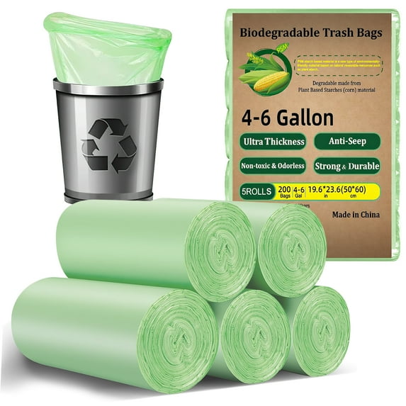Cshidworld 200 Count Biodegradable Trash Bags 4-6 Gallon, Green Small 4 Gallon Garbage Bags, Durable & Easy-Tear Design, Perfect for Home & Office Use