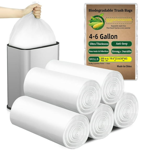 4-6 Gallon Trash Bags, Unscented (White, 200 Count), Strong & Leakproof Small Garbage Bags , Size Expanded for Bathroom, Bedroom, Kitchen & Office, 4, 5, 6 Gal