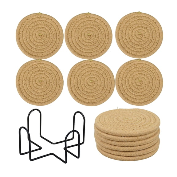 4.6 Inch Hand Woven Cotton Coasters Set – Non-Slip, Heat-Resistant Table Pads with Storage Holder, 6-Pack for Home, Office & Kitchen, Khaki