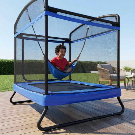 4'6' Outdoor Rectangular Trampoline for Kids Adults with Safety Enclosure Net 360 High Protection Metal Frame Backyard Tumbling Trampoline with Spring Pad