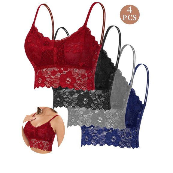 4/6 Pack Women's Seamless Lace Bras, Floral Lace Trim Wireless Bra with Adjustable Spaghetti Straps V Neck Bras Comfort Full Coverage Bras Solid Everyday Bras for Women, S-2XL