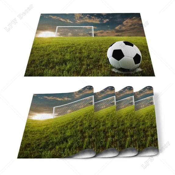 4/6 Pcs Placemat Soccer Balls Football Field Printed Table Mat For Tables Heat-insulation Cotton Linen Kitchen Dining Pads