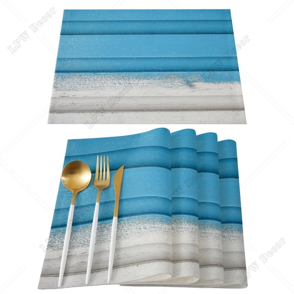 4/6 Pcs Placemat Table Mat Turquoise Wooden Board Printed For Tables Heat-insulation Linen Cotton Kitchen Dining Pads Set