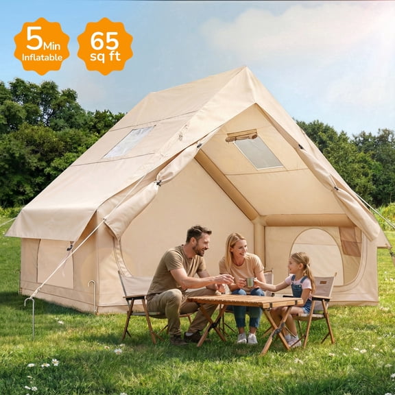 Qunler 4-6 Person Inflatable Glamping Tent with Pump, Large Waterproof Air Tent for Camping, Easy Setup in 5 Mins, Windproof Cabin Shelter, Beige
