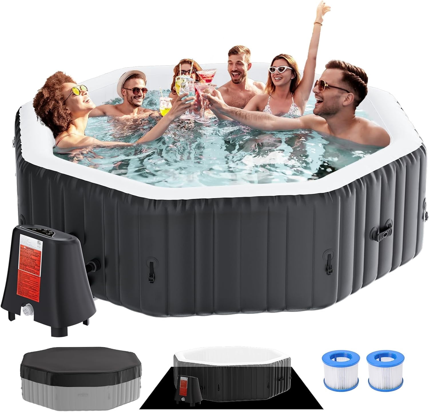 Bronkige 4-6 Person Inflatable Hot Tub, Large Polygon Portable Blow up Hot Tub, Leak-Proof PVC Outdoor Spa with 130 Air Jets, Insulated Cover and Heater Pump, 77” X 77”X 25”