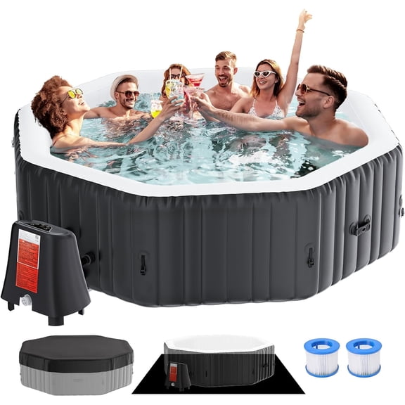 Bronkige 4-6 Person Inflatable Hot Tub, Large Polygon Portable Blow up Hot Tub, Leak-Proof PVC Outdoor Spa with 130 Air Jets, Insulated Cover and Heater Pump, 77” X 77”X 25”