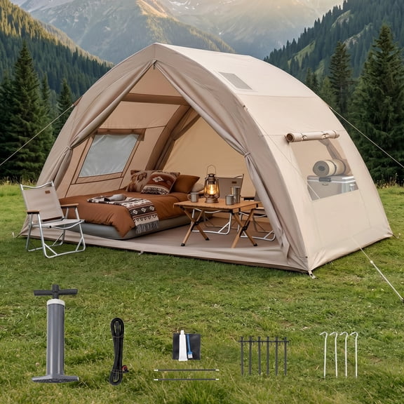 Inflatable Camping Tent for 6-8 Person, 11.5 FT Large Air Blow Up Tent with Hand Pump, Waterproof Oxford Cabin Tent with 2 Doors 2 Windows, Windproof for Family Camping, Beige