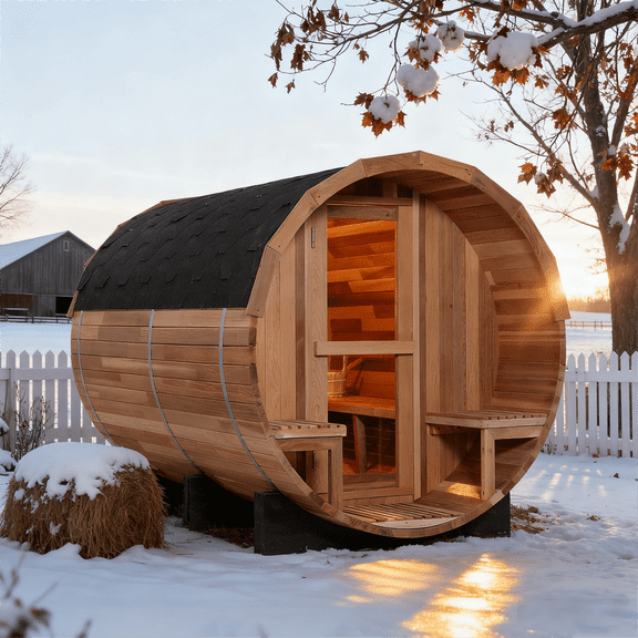 4-6 Person Outdoor Barrel Sauna, Patchwork Canadian Red Cedar Traditional Steam Sauna with Black Shingle Roof, Built-in Benches and Ventilation for Backyard Relaxation
