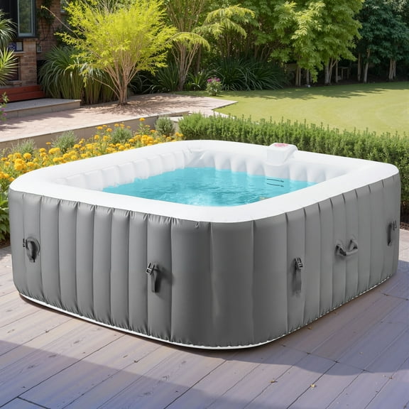 4-6 Person Outdoor Portable Inflatable Heated Hot Tub with 130 Bubble Jets, Square Inflatable Heated Pool Spa with Insulated Cover, Insulated Cover and Carry Bag, Gray