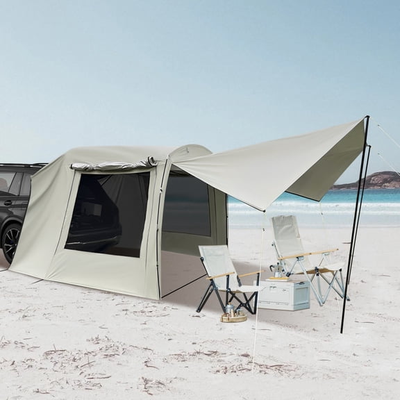 4-6 Person Waterproof PU3000 Camping Shelter, 210T Polyester UV40 Sun Protection, Car Hatchback Extension Tent for SUV/MPV/Van Outdoor Travel (Beige)