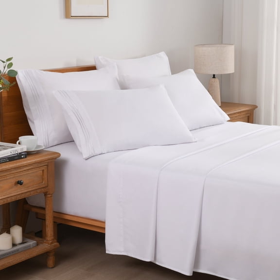 4/6 Piece Soft Bed Sheets Set Solid & Embroidery Bed Sheets Set All Season Hotel Luxury Bedding -18in Deep Pockets