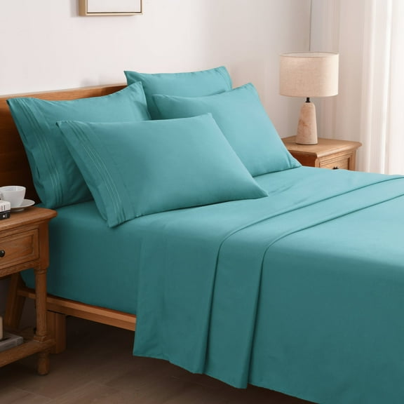 6-Piece Embroidery Teal Polyester Bed Sheet Set,Full-18 inch Deep Pocket