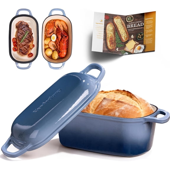 4.6-Quart Oval Dutch Oven for Bread Baking, 2 in 1 Enameled Cast Iron Bread Pan with Lid, Sourdough Bread Dutch Oven for a Crispy Crust, Seasalt