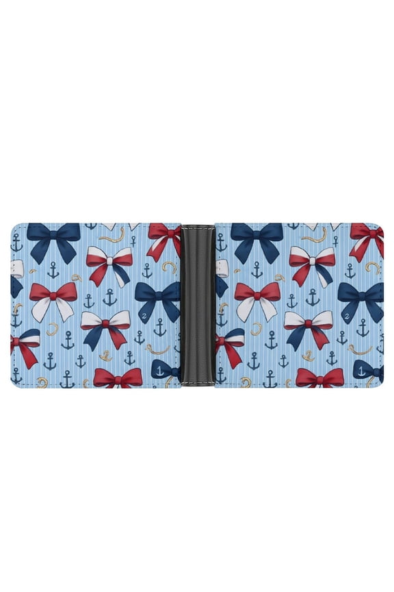 4.6 X 3.7in Leather Wallet Compact Size Easy To Carry, Easy To Open And Close Durable For Daily Use During Work And Travel Nautical Theme Ribbon Bow Pattern