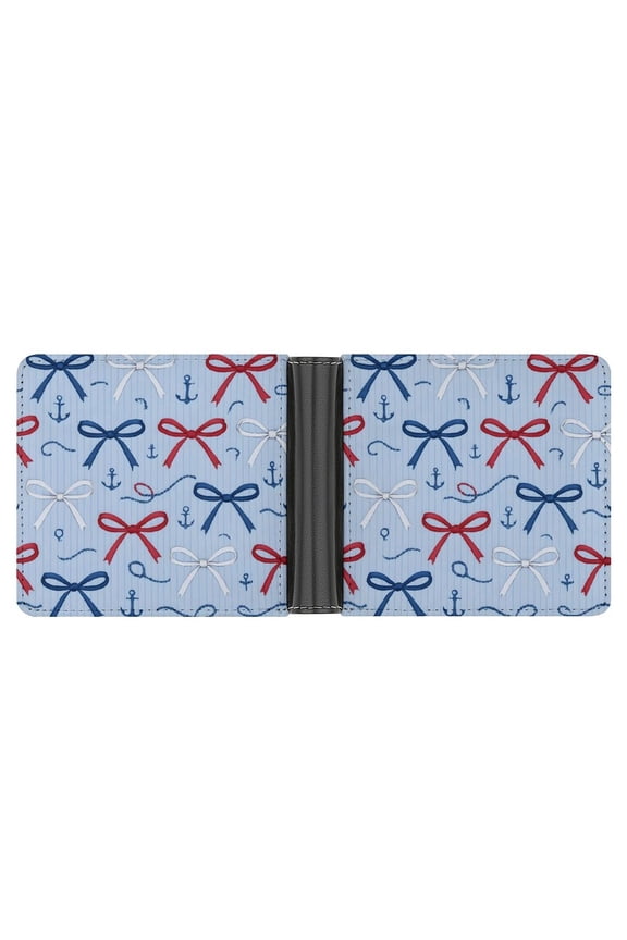 4.6 X 3.7in Leather Wallet Compact Size Easy To Carry, Easy To Open And Close Durable For Daily Use During Work And Travel Nautical Theme Thin Ribbon Bow Pattern