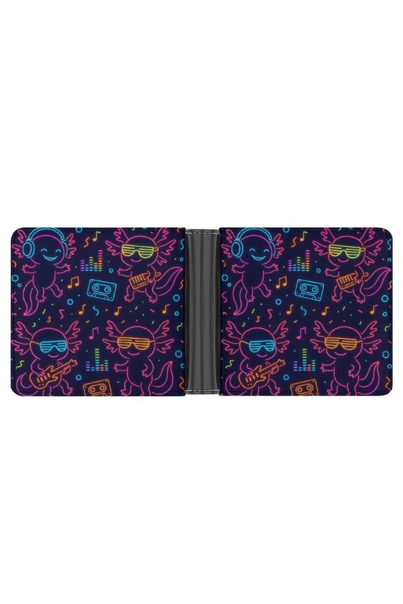 4.6 X 3.7in Leather Wallet Compact Size Easy To Carry, Easy To Open And Close Durable For Daily Use During Work And Travel Neon Party Axolotls - 80s Synthwave