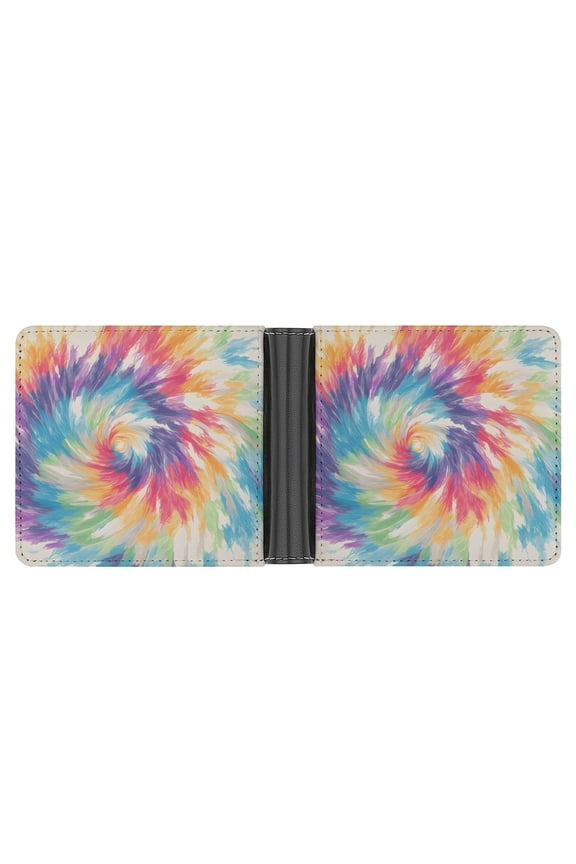 4.6 X 3.7in Leather Wallet Compact Size Easy To Carry, Easy To Open And Close Durable For Daily Use During Work And Travel Silver Tie Dye Background Vibrant Colors And Swirling