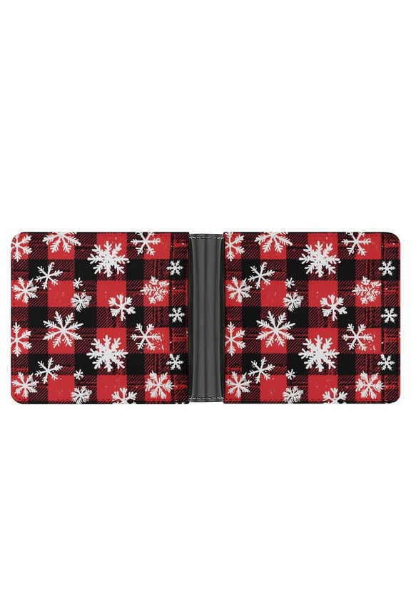 4.6 X 3.7in Leather Wallet Compact Size Easy To Carry, Easy To Open And Close Durable For Daily Use During Work And Travel Snowflakes on The Red And Black Checkered Pattern (2)