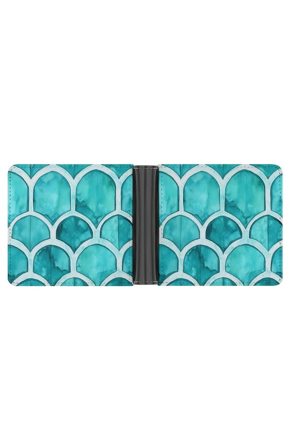 4.6 X 3.7in Leather Wallet Compact Size Easy To Carry, Easy To Open And Close Durable For Daily Use During Work And Travel Turquoise Moroccan Trellis Hand-drawn Sketch_2