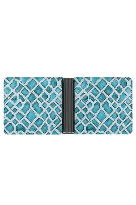 4.6 X 3.7in Leather Wallet Compact Size Easy To Carry, Easy To Open And Close Durable For Daily Use During Work And Travel Turquoise Moroccan Trellis Hand-drawn Sketch_3