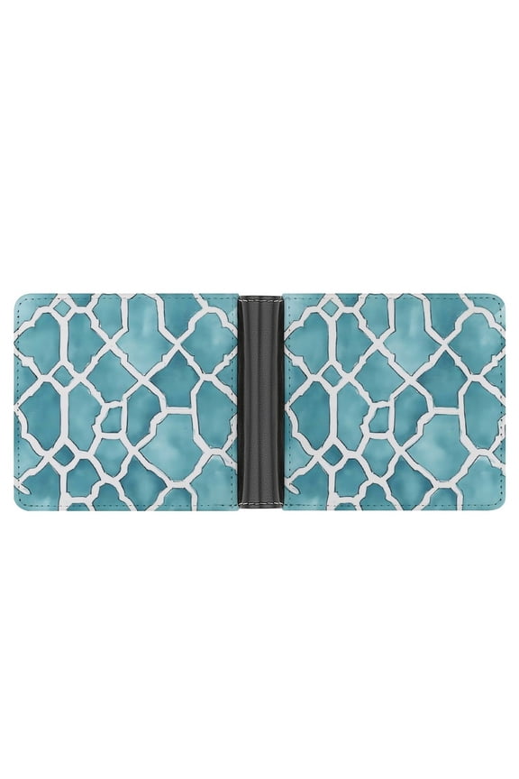 4.6 X 3.7in Leather Wallet Compact Size Easy To Carry, Easy To Open And Close Durable For Daily Use During Work And Travel Turquoise Moroccan Trellis Hand-drawn Sketch_62922_1