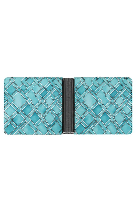 4.6 X 3.7in Leather Wallet Compact Size Easy To Carry, Easy To Open And Close Durable For Daily Use During Work And Travel Turquoise Moroccan Trellis Hand-drawn Sketch_62922_3