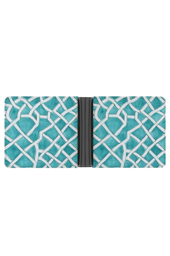 4.6 X 3.7in Leather Wallet Compact Size Easy To Carry, Easy To Open And Close Durable For Daily Use During Work And Travel Turquoise Moroccan Trellis Hand-drawn Sketch_62922_4