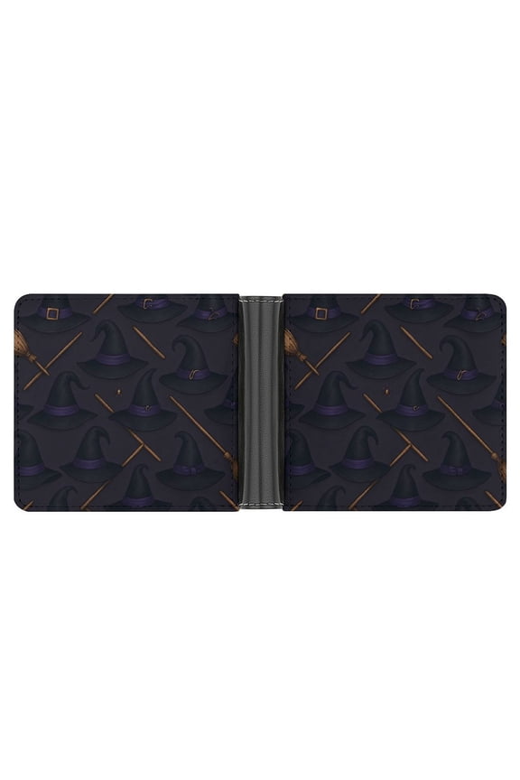 4.6 X 3.7in Leather Wallet Compact Size Easy To Carry, Easy To Open And Close Durable For Daily Use During Work And Travel Witch Hat And Broomstick Halloween Pattern