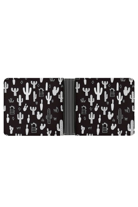 4.6 X 3.7in Leather Wallet Compact Size Easy To Carry, Easy To Open And Close Durable For Daily Use During Work And Travel Black Background of Cactus