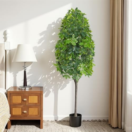 4.6 ft Artificial Schefflera Tree Plant Fake Floor Umbrella Tree with Planter UV Resistant Potted Faux Silk Plant Indoor Lifelike Schefflera Trees for Indoor Outdoor Home Living Room Bedroom