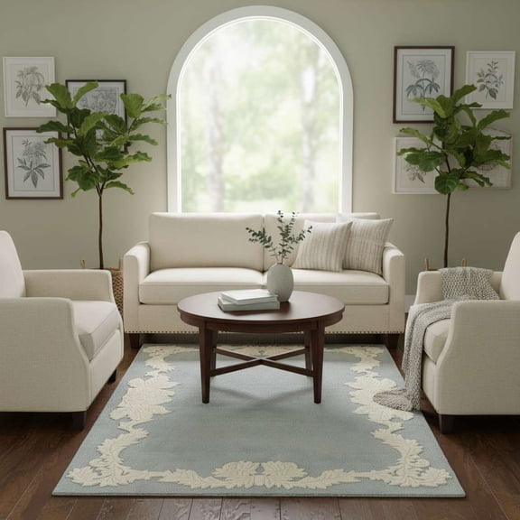 46 ft Hand Tufted Wool Area Rug Floral Border Pattern | Soft Cozy Plush Pile Carpet For Living Room Bedroom Kids Playroom Western Home Decor | Gray & Ivory