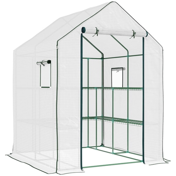 4.6 x 4.7 Feet Portable Walk-In Greenhouse with 2 Tier U-Shaped Flower Rack Roll-Up Door Mesh Windows White Waterproof UV Resistant Outdoor Garden Plant House
