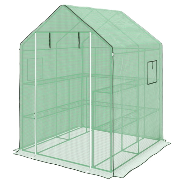 4.6' x 4.7' Portable Greenhouse, Water/UV Resistant Walk-In Small Outdoor Green House with 2 Tier U-Shaped Flower Rack Shelves, Roll Up Door & Windows, Green