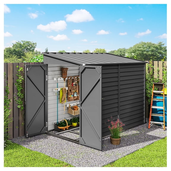 4.6' x 9' Outdoor Storage Shed - Metal Lean To Shed with Foundation Kit, Lockable Doors - Dark Gray