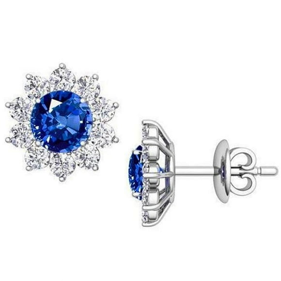 4.60 CT Ceylon Sapphire Halo Diamond Stud Earrings, 14K White Gold