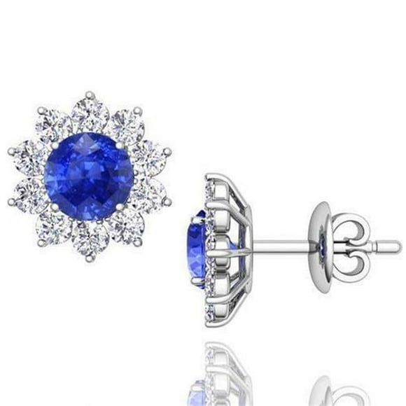 4.60 CT Ceylon Sapphire with Diamond Stud Earrings, 14K White Gold