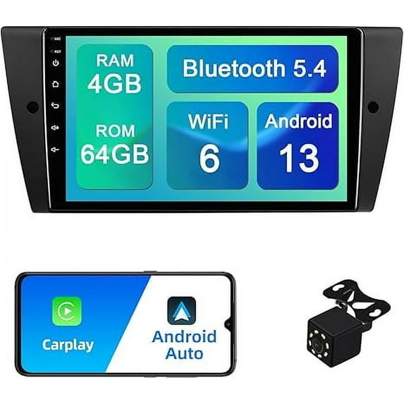 4+64G Android 13 Double Din Car Stereo for BMW 328i 335i 325i (E90/E91/E92/E93) 2005-2011 with 9-Inch Touchscreen Radio Built-in Wireless Carplay/Android Auto/GPS/Bluetooth/FM/Steering Wheel Control