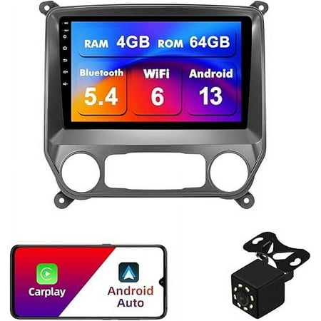 4+64G Android 13 Double Din Car Stereo for Chevrolet Silverado/GMC Sierra 2014-2018 with 10.1 Inch Touchscreen Radio Built-in Wireless Carplay/Android Auto/GPS/Bluetooth/FM/AUX-in/SWC/Backup Camera