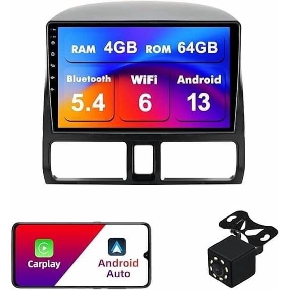 4+64G Android 13 Double Din Car Stereo for Honda CR-V 2002-2006 with 9 Inch Touchscreen Radio Built-in Wireless Carplay/Android Auto/GPS/Bluetooth/FM/AUX-in/Steering Wheel Controls/Backup Camera