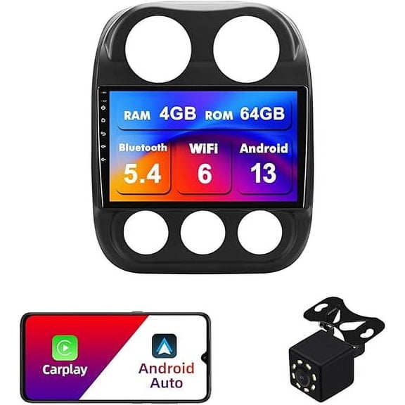 4+64G Android 13 Double Din Car Stereo for Jeep Compass/Patriot 2010-2016 with 10.1 Inch Touchscreen Radio Built-in Wireless Carplay/Android Auto/GPS/Bluetooth/FM/AUX-in/SWC/Backup Camera