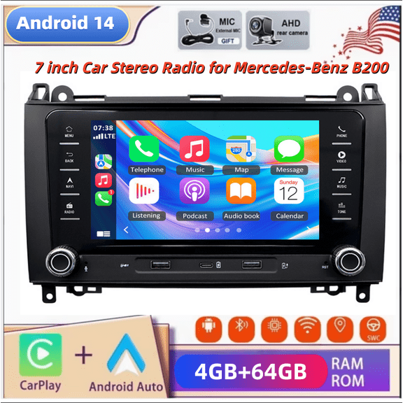 4+64G Android 14 Car Stereo GPS Navigation for Mercedes-Benz B200 with Carplay Android Auto 7in Touchscreen Car Radio Multimedia Player with Bluetooth Wifi FM/RDS DSP SWC Mirror Link Split Screen