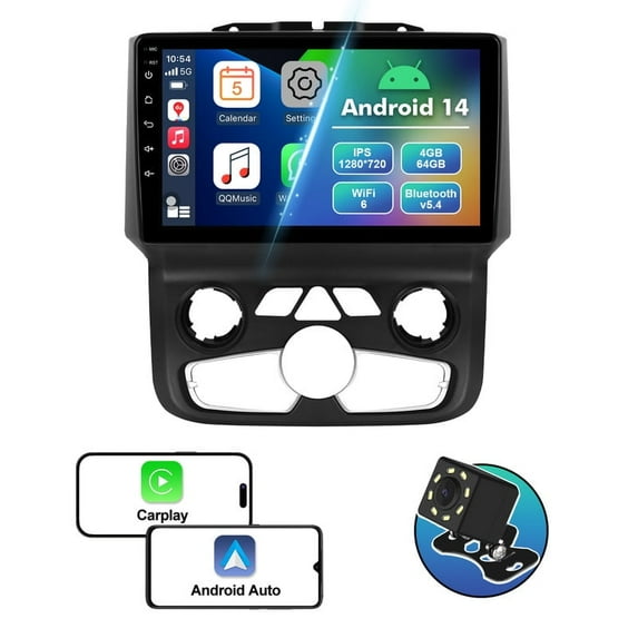 4+64G Android 14 Car radio for Dodge RAM 1500/2500/3500 2013-2018 with Auto A/C Multimedia Stereo Wireless Carplay Android Auto Navigation GPS WIFI Mirror link Camera FM BT