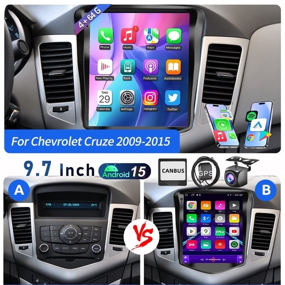 4+64G Android 15 Carplay GPS NAVI Car Radio Stereo For Chevy Cruze 2009 2010 2011 2012 2013 2014 2015+Cam