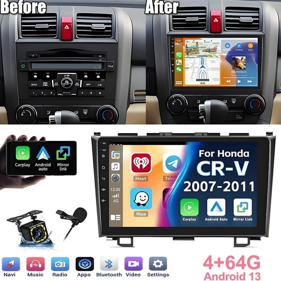 Gsuatey 4+64G Android Car Stereo for Honda CRV 2007-2011 with Wireless Carplay Android Auto, 9" Touchscreen Bluetooth Car Radio with HiFi WiFi GPS Camera
