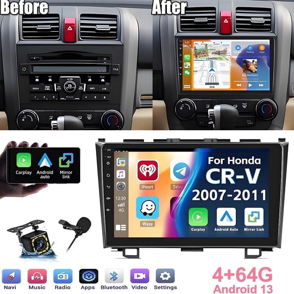 Gsuatey 4+64G Android Car Stereo for Honda CRV 2007-2011 with Wireless Carplay Android Auto, 9" Touchscreen Bluetooth Car Radio with HiFi WiFi GPS Camera
