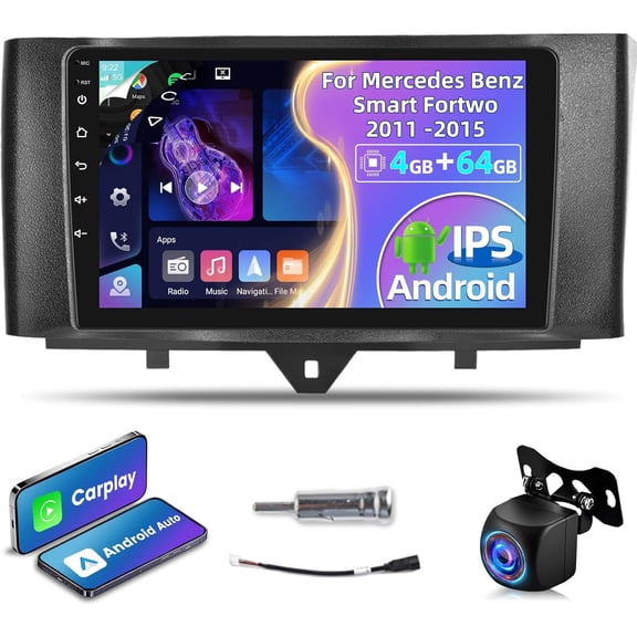 [4+64G] Car Radio for Mercedes Benz Smart Fortwo 2011-2015, 9 inch IPS 1280 * 720P Touchscreen Android Stereo - Wireless Carplay and Android Auto, AI DSP, Customize Homepage,SWC + AHD Backup Camera