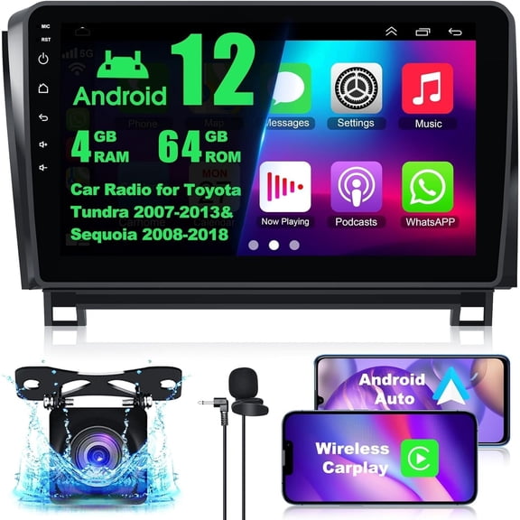 4+64G Car Radio for Toyota Tundra 2007-2013 and Sequoia 2008-2018, Android 12 Syestem 10 Inch Tundra Stereo with Wireless Carplay&Android Auto Support Bluetooth/Voice Control/GPS/Back-up Camera/FM
